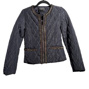 NWT Kessley‎ Quilted Gold Chain Trim Bomber Jacket Navy Blue Womens S Preppy